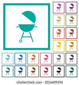 Barbecue grill with open cover flat color icons with quadrant frames on white background