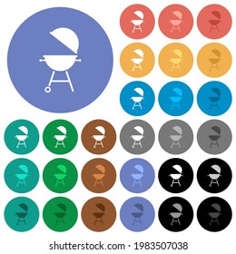 Barbecue grill with open cover multi colored flat icons on round backgrounds. Included white, light and dark icon variations for hover and active status effects, and bonus shades.