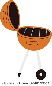 A barbecue grill with an open lid in a flat style. The grill stands on legs with a wheel for mobility. Cartoon vector illustration.