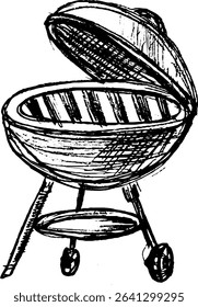 Barbecue grill with opened lid on wheels in outdoor setting