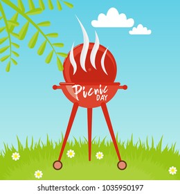 barbecue grill over landscape background. colorful flat design. vector illustration. Lettering quote Picnic day