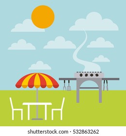 barbecue grill and parasol with chairs over landscape background. colorful design. vector illustration