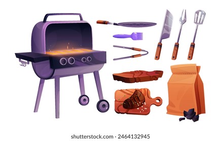 Barbecue grill party cartoon icon set with meat. Bbq steak on summer outdoor picnic for cooking on barbeque fire with tools. Holiday seasoning menu to cookout for dinner. Spatula and knife equipment