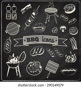 Barbecue and grill party chalk board decorative elements set isolated vector illustration