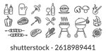 Barbecue grill party doodle hand drawn icon set. Outline drawing BBQ tools charcoal firewood and products line clipart symbol collection . Vector illustration