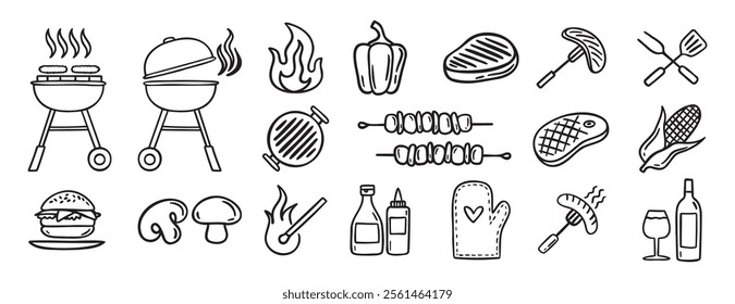 Barbecue grill party doodle hand drawn icon set. Outline drawing BBQ tools charcoal firewood and products line clipart symbol collection . Vector illustration