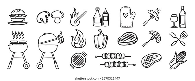 Barbecue grill party doodle hand drawn icon set. Outline drawing BBQ tools charcoal firewood and products line clipart symbol collection . Vector illustration