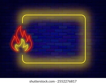 Barbecue grill party neon greeting card. Hot deal. Special offer. Empty yellow frame. Vector stock illustration