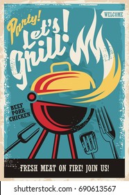 Barbecue grill party poster template. Retro poster design with grill appliance and grilled meat food on fire. Fast food advertisement.