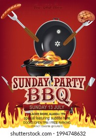 Parrilla barbacoa. Ilustración vectorial con parrilla realista, fuego, utensilios bbq, carne, salchicha sobre fondo rojo oscuro