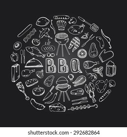 Barbecue Grill Party.Cook Idea. Food Design Template. BBQ Party. Restaurant Food Menu Design With Chalkboard Background