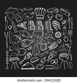 Barbecue grill party.Cook idea. Food design template. BBQ party. Restaurant Food Menu Design with Chalkboard Background