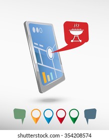 Barbecue grill and perspective smartphone vector realistic. Set of bright map pointers for printing, website, presentation element and application mockup.
