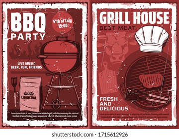 Barbecue grill and picnic party, vector vintage grunge poster. Charcoal BBQ meat and burgers grill bar, beef bull head, fork and spatula on fire flames and chief toque hat