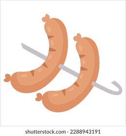 Barbecue, grill or picnic. Smoked sausages on a long metal skewer for frying on fire. Template for barbecue banner background. Vector illustration in the flat style. Isolated on a white background.