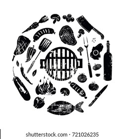  Barbecue grill poster template. Barbecue grill hand drawn elements set isolated on white background. Cookout BBQ party. Sketch of barbecue charcoal kettle grill with tools and foods. vector.