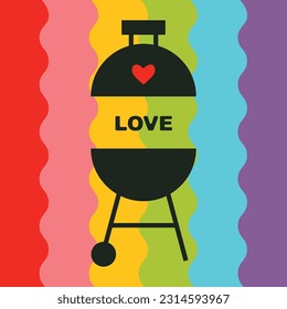 Barbecue grill rainbow colours flat vector illustration. Peace love free concept