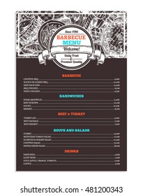 Barbecue And Grill Restaurant Menu. Template Design Of Bbq Brochure On Chalkboard