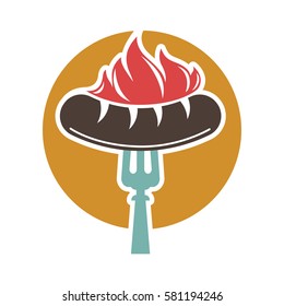 Barbecue or grill sausage logo template. Vector icon of bbq curry wurst on fork for picnic party or meat delicatessen store