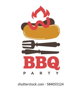 Barbecue or grill sausage logo template. Vector icon of bbq curry wurst on fork for picnic party or meat delicatessen store