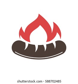 Barbecue or grill sausage logo template. Vector icon of bbq curry wurst on fork for picnic party or meat delicatessen store