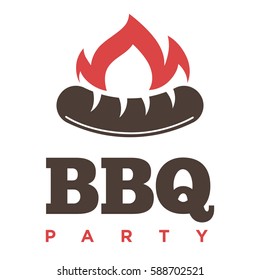 Barbecue or grill sausage logo template. Vector icon of bbq curry wurst on fork for picnic party or meat delicatessen store