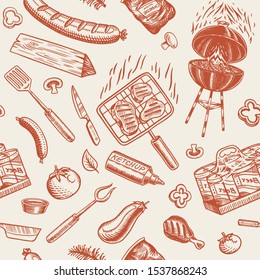 Barbecue grill seamless pattern in vintage style. Drawn by hand. Bbq party ingredients. Hot grill food, beer and tools, vegetables and spices. Vector illustration for menu or labels.