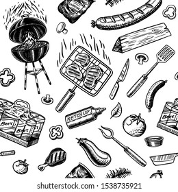 Barbecue grill seamless pattern in vintage style. Drawn by hand. Bbq party ingredients. Hot grill food, beer and tools, vegetables and spices. Vector illustration for menu or labels.