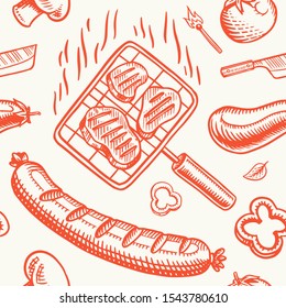 Barbecue grill seamless pattern in vintage style. Drawn by hand. Bbq party ingredients. Hot grill food, beer and tools, vegetables and spices. Vector illustration for menu or labels.