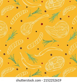 Barbecue grill seamless pattern in vintage style. Drawn by hand. Bbq party ingredients. Hot grill food, beer and tools, vegetables and spices. Vector illustration for menu or labels.