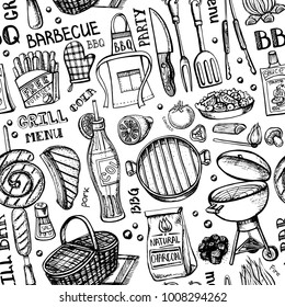 Barbecue and grill seamless pattern.Vector hand drawn elements ,lettering,tools.BBQ menu, restaurant design. Food,kebab,drink sketch of summer party background. 