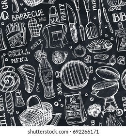 Barbecue and grill seamless pattern.Vector hand drawn elements ,lettering,tools.BBQ menu, restaurant design. Food,kebab,drink sketch of summer party.Chalkboard background. 