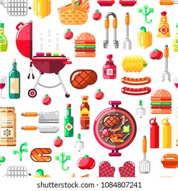 Barbecue and grill seamless vector pattern. BBQ food, equipment and tools illustration. Print or package modern flat design.