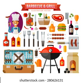 barbecue and grill. set of elements - food, meat, barbecue, kitchen tools, BBQ, bottle wine, suitcase, picnic, hamburger, vegetables, coal, sausage, ketchup, mustard, pepper