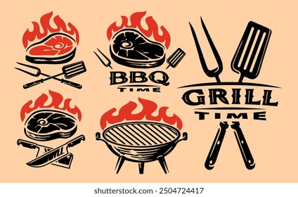 Barbecue grill set of emblems and badges. Bbq concept, food logo for restaurant menu