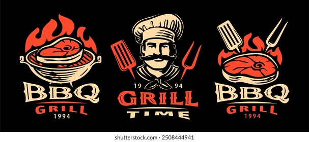 Barbecue grill set of emblems and badges. Bbq meat food logos for restaurant menu vector illustration