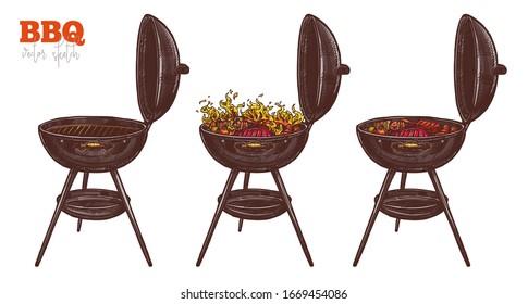 Barbecue grill set with fire, coal, grilled meat, vegetables, sausages and steak. BBQ party equipment for outdoor rest. Isolated sketch hand drawn vector on white. Food concept