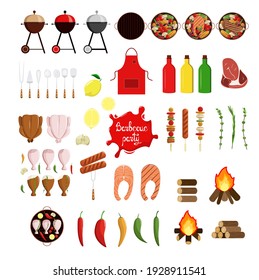 Barbecue and grill set. Food and cooking supplies. Apron, cutlery, wood, fire. Vegetables, meat, fish, chicken, shish kebab, mushrooms, steaks. Lemon and herbs, rosemary, thyme