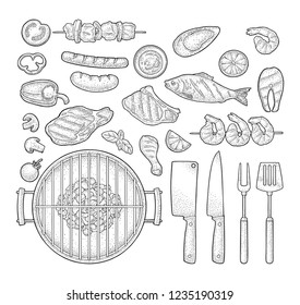 Barbecue grill set with fork, knifes, spatula, kebab, sausage, chicken leg, steak, fish, oyster, shrimp, basil, lemon. Vintage monochrome and color vector engraving isolated on white background