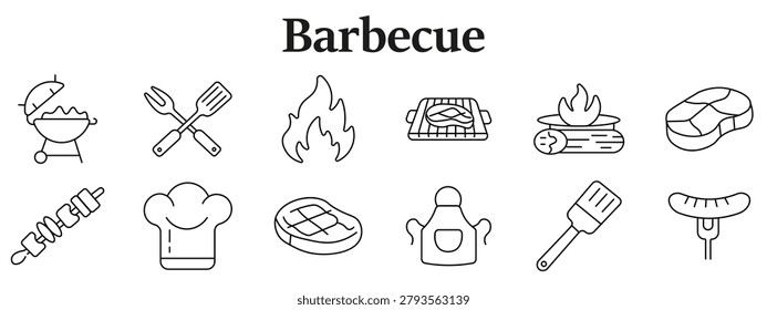 Barbecue grill set icon. Charcoal grill, crossed tools, flame, grate steak, firewood, meat slice, skewer, chef hat, apron figure, spatula, sausage food elements line style