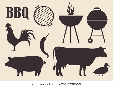 Barbecue grill set. Isolated barbecue grill on vintage background