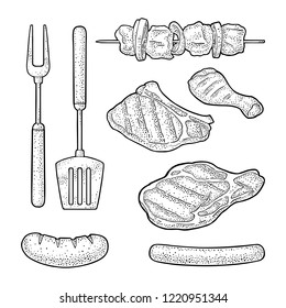 Barbecue grill set with kebab, sausage, chicken leg, beef steak. Vintage black vector engraving illustration isolated on white background. Hand drawn design element