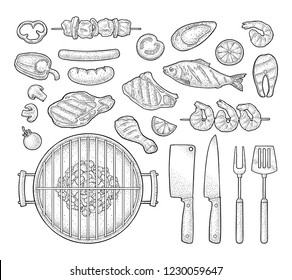 Barbecue grill set with kebab, sausage, chicken leg, steak, fish, oyster, shrimp, lemon. Vintage black vector engraving illustration isolated on white background. Hand drawn design element
