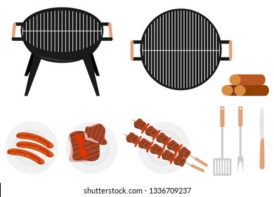 Barbecue grill. Barbecue grill set. A plate with grilled meat skewers and grilled sausages. Vector barbecue illustration.