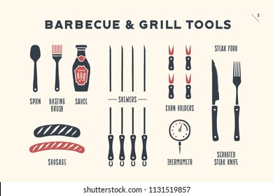 Barbecue, grill set. Poster bbq diagram and scheme - barbecue grill tools. Set of bbq stuff, tools for steak house, restaurant, kitchen poster and design meat themes. Hand drawn. Vector illustration