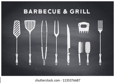 Barbecue, grill set. Poster bbq diagram and scheme - barbecue grill tools. Set of bbq stuff, tools for steak house, restaurant, kitchen poster. Black chalkboard, hand drawn, chalk. Vector illustration