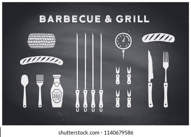 Barbecue, grill set. Poster bbq diagram and scheme - barbecue grill tools. Set of bbq stuff, tools for steak house, restaurant, kitchen poster. Black chalkboard, hand drawn, chalk. Vector illustration