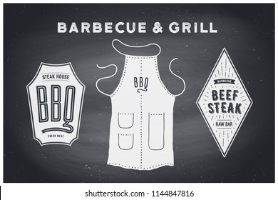 Barbecue, grill set. Poster bbq diagram and scheme - barbecue grill tools. Set of bbq stuff, apron, logo, brand label of steak grill house. Black chalkboard, hand drawn, chalk. Vector illustration