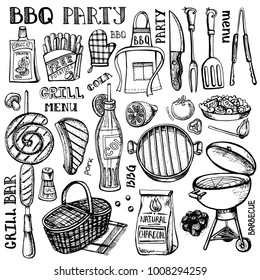 Barbecue and grill set .Vector hand drawn elements ,lettering,tools.BBQ menu, restaurant design. Food,kebab,drink sketch of summer party .Isolated on white background. 