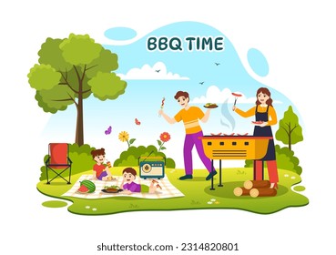 Parrillada y parrillada Vector Ilustración Niños Grilling o BBQ Party Food en el Parque en Festival y en verano Cocina Caricatura Plantillas Dibujadas a Mano